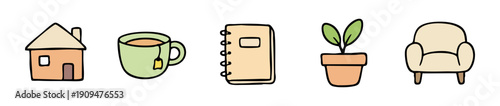 Set of five cozy home and lifestyle doodle icons including a house, tea cup, notebook, potted plant, and armchair on a white background.