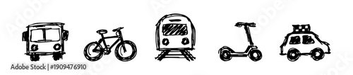 Set of black ink hand-drawn transportation icons: bus, bicycle, train, electric scooter, and taxi. Sketchy minimalist doodles on white background.