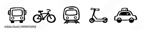 Hand-drawn doodle icons representing urban transportation options like bus, bicycle, train, scooter, and taxi on a white background.