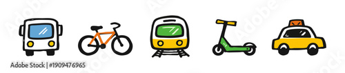 Hand-drawn doodle icons of city transport modes: bus, bicycle, train, electric scooter, and taxi. Ideal for urban mobility and commuting themes.