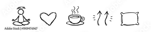 Collection of hand-drawn wellness and morning routine doodle icons: meditation, heart, coffee cup, upward arrows, and a soft pillow.