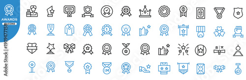 Award and trophy outline icon set for achievement success victory competition prize reward honor quality ribbon medal champion