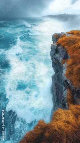 Dramatic ocean waves crashing against a rugged cliff, showcasing the raw power of nature in a coastal landscape