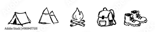 Hand-drawn camping and hiking icons set including a tent, mountains, campfire, backpack, and boots on a white background.
