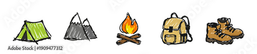 Hand-drawn camping and hiking icons set featuring a tent, mountains, campfire, backpack, and trekking boots in a sketchy doodle style.
