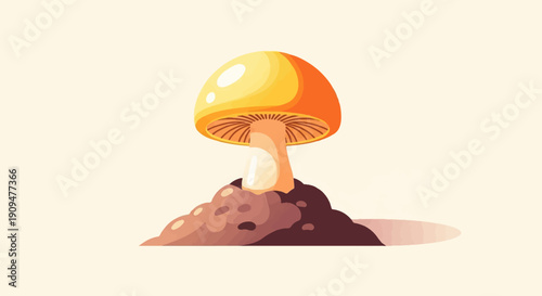 A vibrant, cartoon-style mushroom with an orange and yellow cap emerges from dark soil