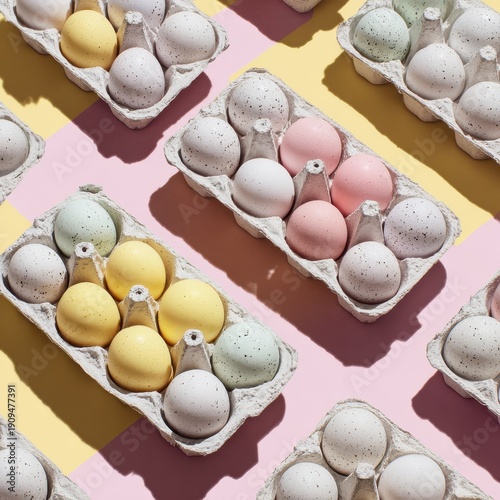Graphic Flat Lay - Pastel Dyed Eggs in Cartons with Hard Shadows on Diagonal Pink and Yellow Background.
