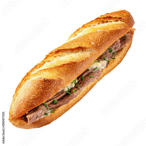 A close-up shot of a delicious baguette sandwich filled with meat and dressing Isolated Transparent Background, PNG