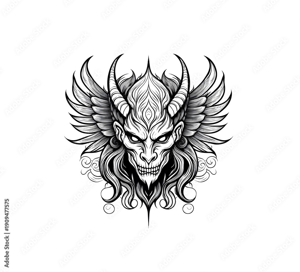 Fototapeta premium Tattoo Vorlage Dämon Fantasie Zeichnung mit Geweih und Flügeln