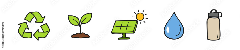 Fototapeta premium Hand-drawn sustainability icons featuring a recycle sign, sprout, solar panel, water drop, and reusable bottle isolated on white.