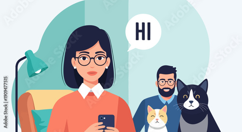 A woman greets with a phone, a man and two cats are present