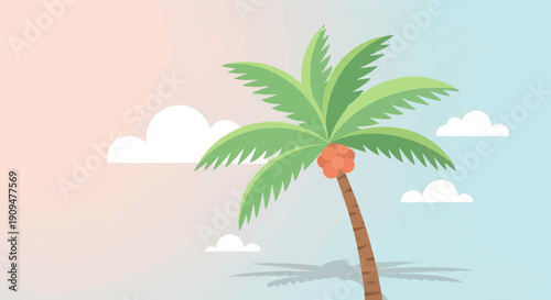 A stylized palm tree with coconuts stands against a soft pastel sky with clouds