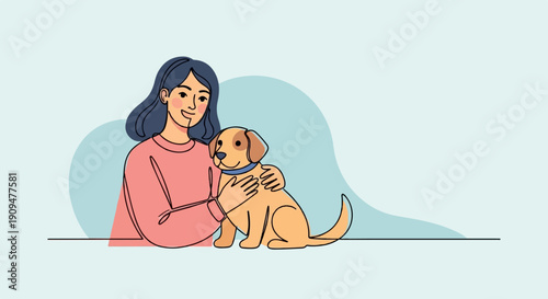 A woman in a pink sweater embraces a happy dog, with a simple background