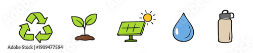 Hand-drawn sustainability icons featuring a recycle sign, sprout, solar panel, water drop, and reusable bottle isolated on white.