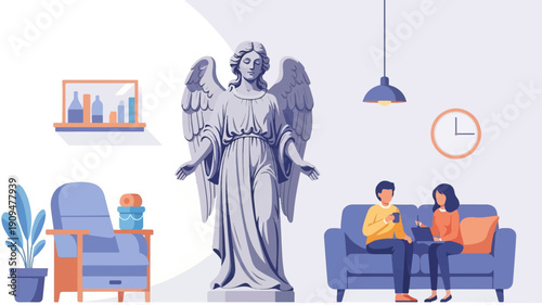 A statue of an angel stands in a modern living room with a couple on a couch