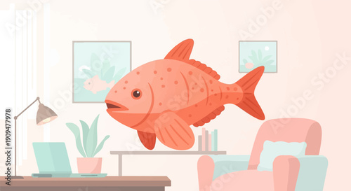 A surreal scene with a large coral fish hovering in a cozy room setting