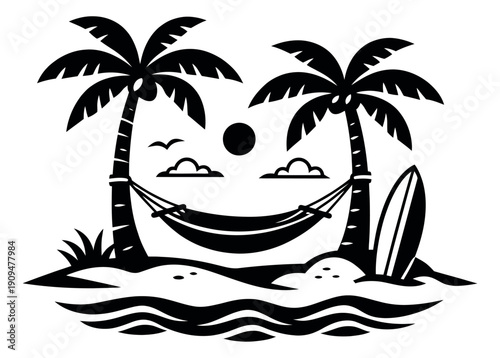 Graphic illustration of a tropical island scene depicting a relaxing summer day for travel promotions