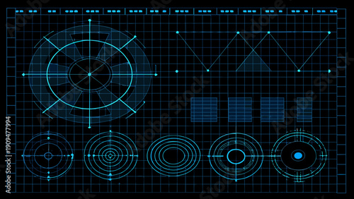 Futuristic interface with radar elements and data visualization on a dark background