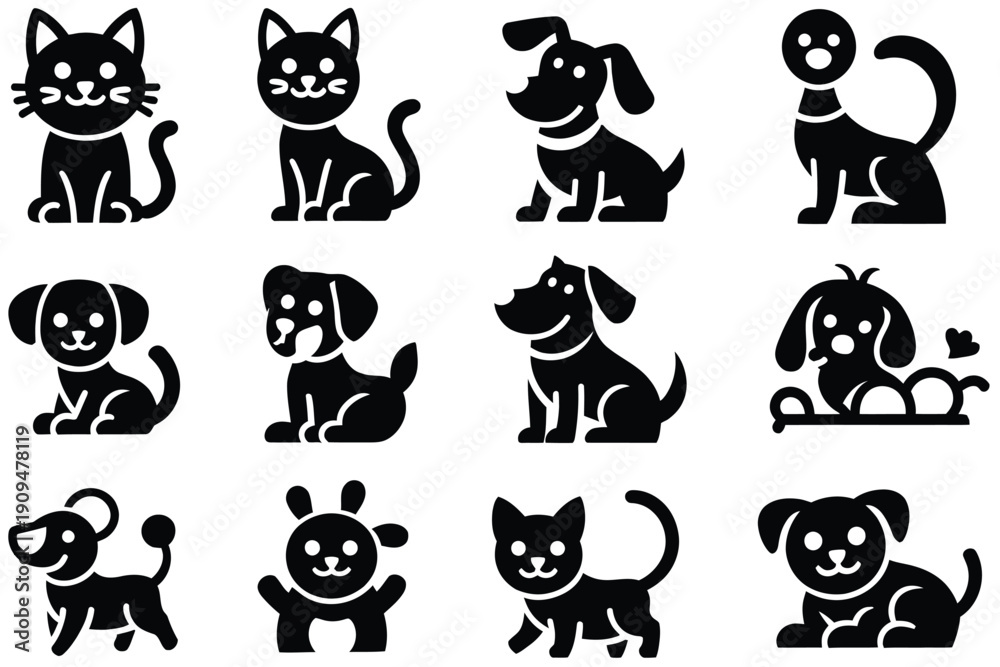 Fototapeta premium Minimalist Pet Care and Veterinary Icon Set featuring black silhouettes of cats, dogs, paw prints, and pet carriers, ideal for pet shop branding, vet clinic signage, and animal care apps.
