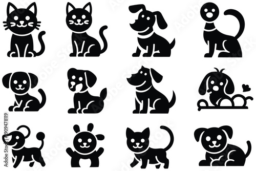 Minimalist Pet Care and Veterinary Icon Set featuring black silhouettes of cats, dogs, paw prints, and pet carriers, ideal for pet shop branding, vet clinic signage, and animal care apps.