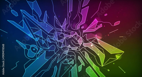 Vibrant geometric explosion of colorful crystal shards on gradient background