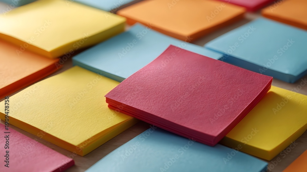 Fototapeta premium Colorful stacks of sticky notes in yellow orange blue and pink arranged on a surface ideal for office work and creative tasks