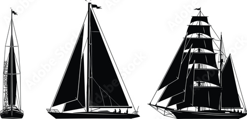 Silhouette set of luxury sailboats and vintage tall ship, black marine vessels collection isolated on white background, ocean transport vector illustration set.