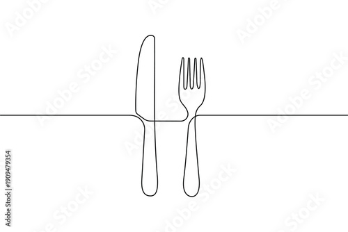 Continuous line art of cutlery set with knife and fork on white background