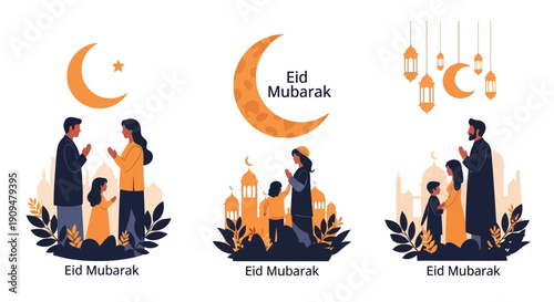 Illustration of Muslim family and friends celebrating Eid Mubarak with mosque and crescent moon in a serene and spiritual setting.