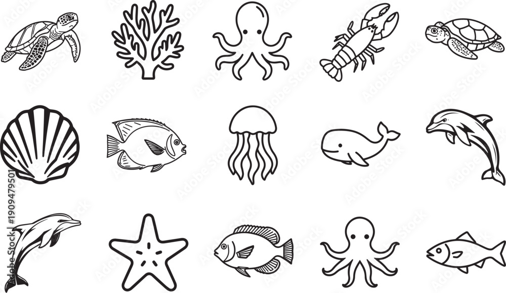 Fototapeta premium Illustration of various aquatic marine life forms in black and white, depicting diverse creatures such as sea turtles, octopus, and fish.