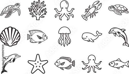 Illustration of various aquatic marine life forms in black and white, depicting diverse creatures such as sea turtles, octopus, and fish.