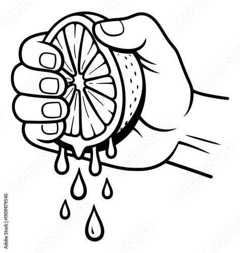 Hand drawn line art illustration of a hand squeezing a lemon depicting juice dripping for food and drink preparation