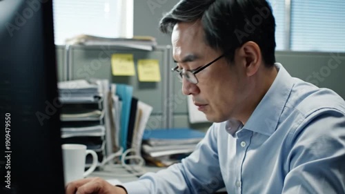 Wallpaper Mural Asian man concentrating on work in a busy office cubicle Torontodigital.ca