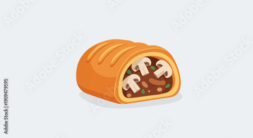 A stylized pastry with a savory filling of mushrooms and gravy