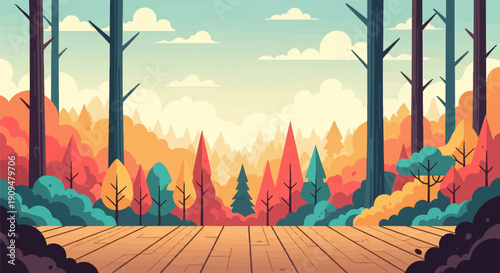 A stylized forest scene with warm, autumnal colors and a wooden foreground