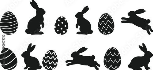 Easter bunny silhouette designs with decorated eggs on white background