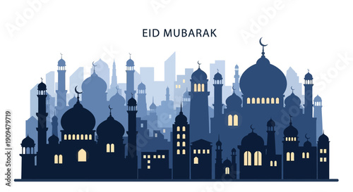 Vector illustration of a serene mosque cityscape at night with glowing windows and domes in shades of blue, conveying a spiritual mood.