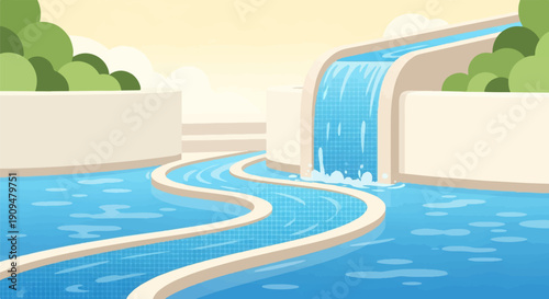 A stylized, geometric landscape features a cascading waterfall feeding into winding blue pools with green foliage