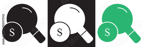 Virus Search Icon Set Vector Illustration Collection.  virus search icons with magnifying glass symbol in black and green, representing pandemic research and medical analysis concepts.EPS10AI.