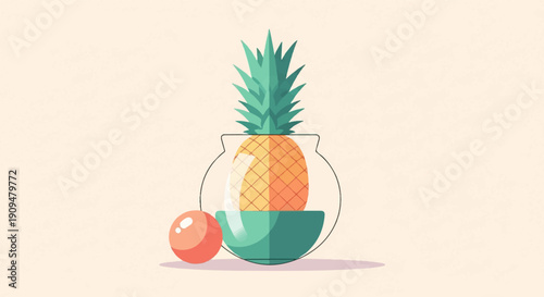 A stylized pineapple sits in a glass bowl next to a sphere