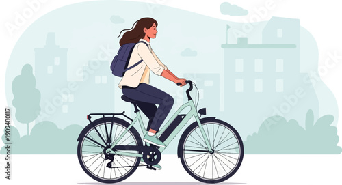 A woman with a backpack rides an electric bicycle through a city