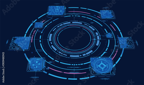 Premium Isometric Digital Interface Illustration - Glowing Tech Hub with Microchip Modules and Cybernetic Rings for AI, Blockchain, and Quantum Computing Visuals
