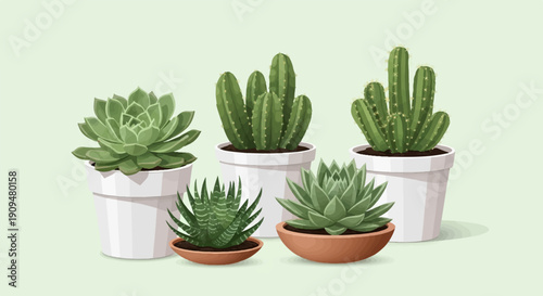 A variety of potted cacti and succulents on a light green background