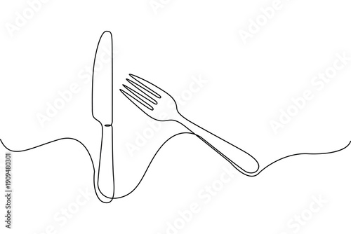 Continuous line art of cutlery set with knife and fork on white background