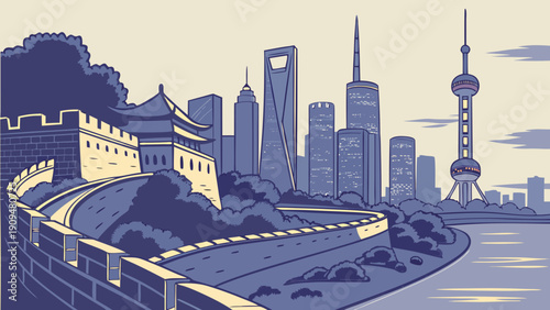Shanghai skyline features mix of old and modern, iconic cityscape suitable for travel brochures, city guides, urban development projects.