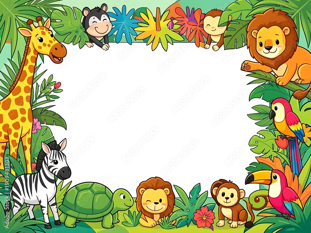 Fototapeta premium Cute cartoon animal frame with giraffe, bunny, and flowers in a colorful nature design for children birthday or holiday card