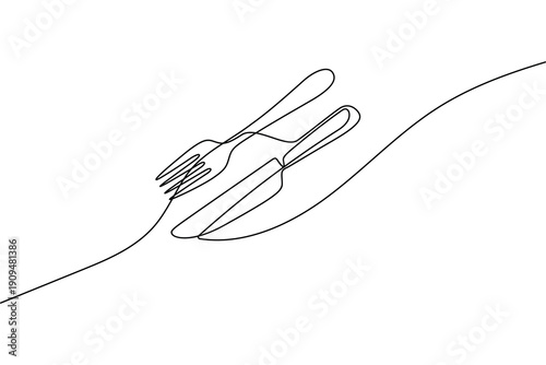 Continuous line art of cutlery set with knife and fork on white background