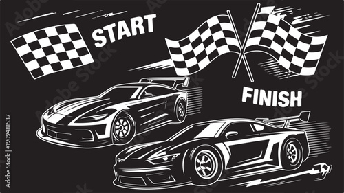 A vector illustration of a formula race car on a white background crossing the checkered flag at the finish line to achieve motor sport success in a high-speed competition rally