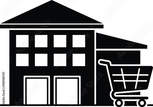 Retail store building icon with shopping cart, commercial real estate symbol, department store exterior, and consumer commerce vector illustration design