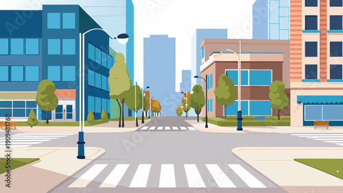 A colorful illustration depicting a quiet city street with modern buildings